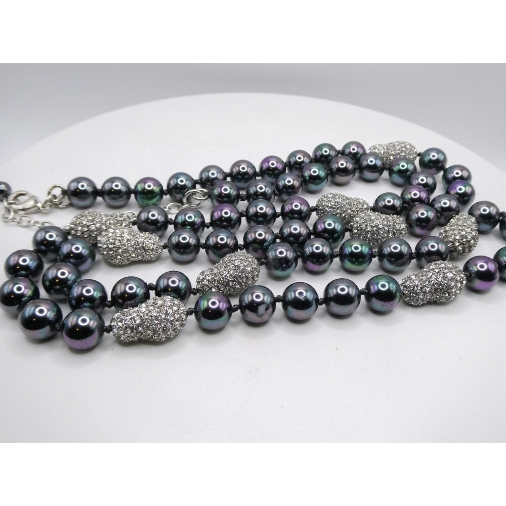 Faux Peacock Pearl Beaded Crystal Pear Accent 39" Long Adjustable Necklace